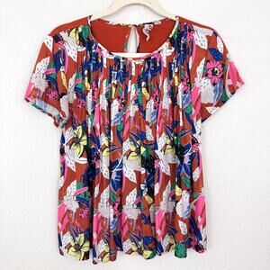 Anthro Dolan Womens Blouse Top Size S Floral Pleated Mixed Media Flowy Rust